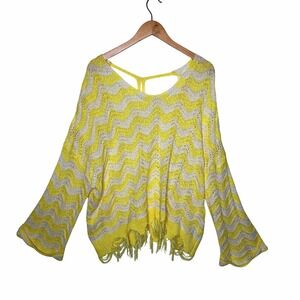 POL Yellow White Chevron Open Knit Fringe Open Back Sweater Top Large‎ Boho
